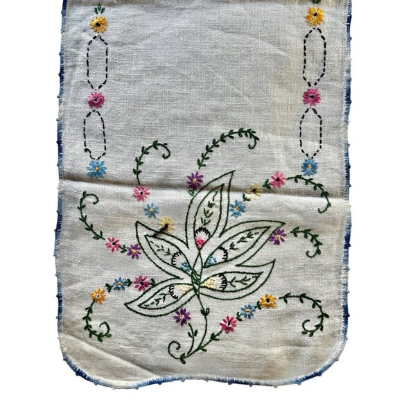 Vintage Hand-Embroidered Floral Table Runner Blue Crocheted Lace Edge 32"x16" - Picture 8 of 9